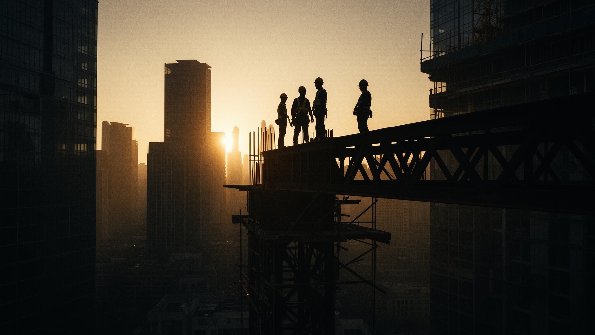 Construction workers silhouetted against a city skyline at golden hour